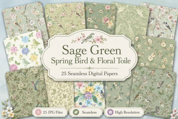 Download Sage Green Spring Bird &amp; Floral Toile - Premium Resources